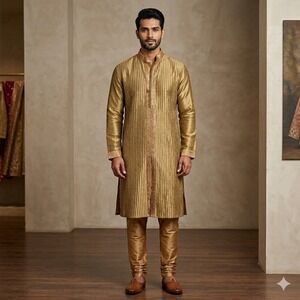 New Manyavar Men Size M(38)Gold Self-Design Kurta Set Traditional Indian Wedding